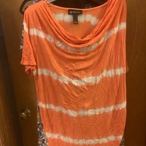 INC orqnge top with white tie dye and clear shimmery embellishments